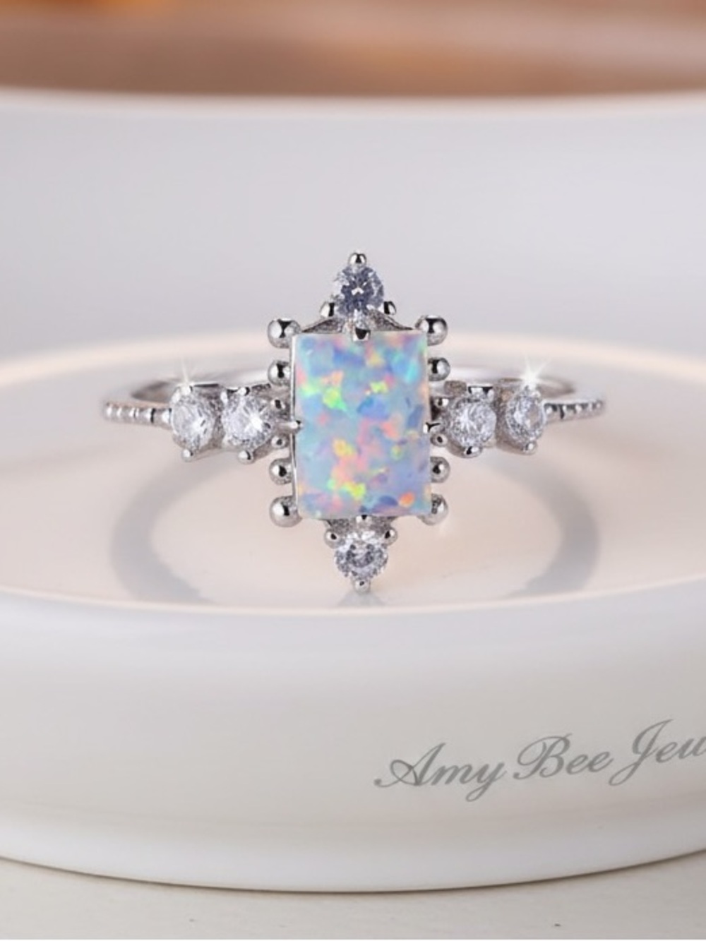 Opal Halo S925 Sterling Silver Ring with White Fire Opal Center. New.